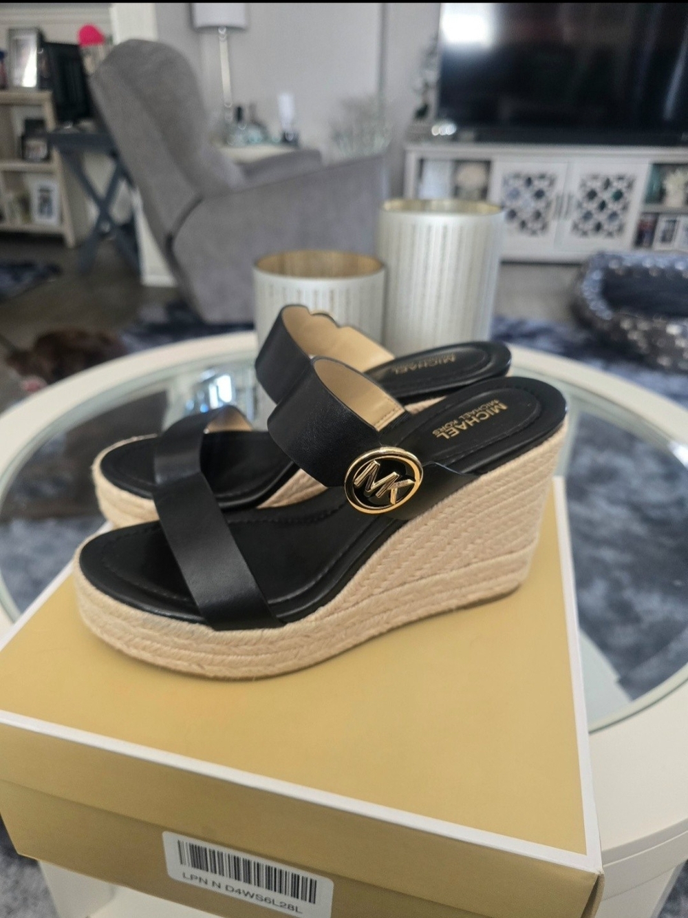 Michael Kors Black Leather Espadrille Wedge Slides with Gold MK Accent